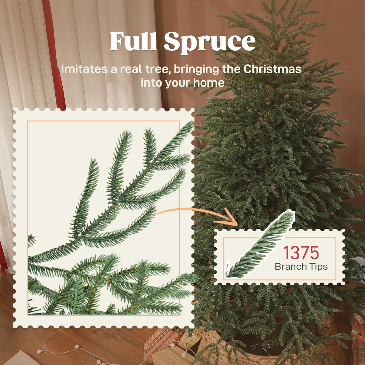 Full spruce Christmas tree branch tips detail, green foliage