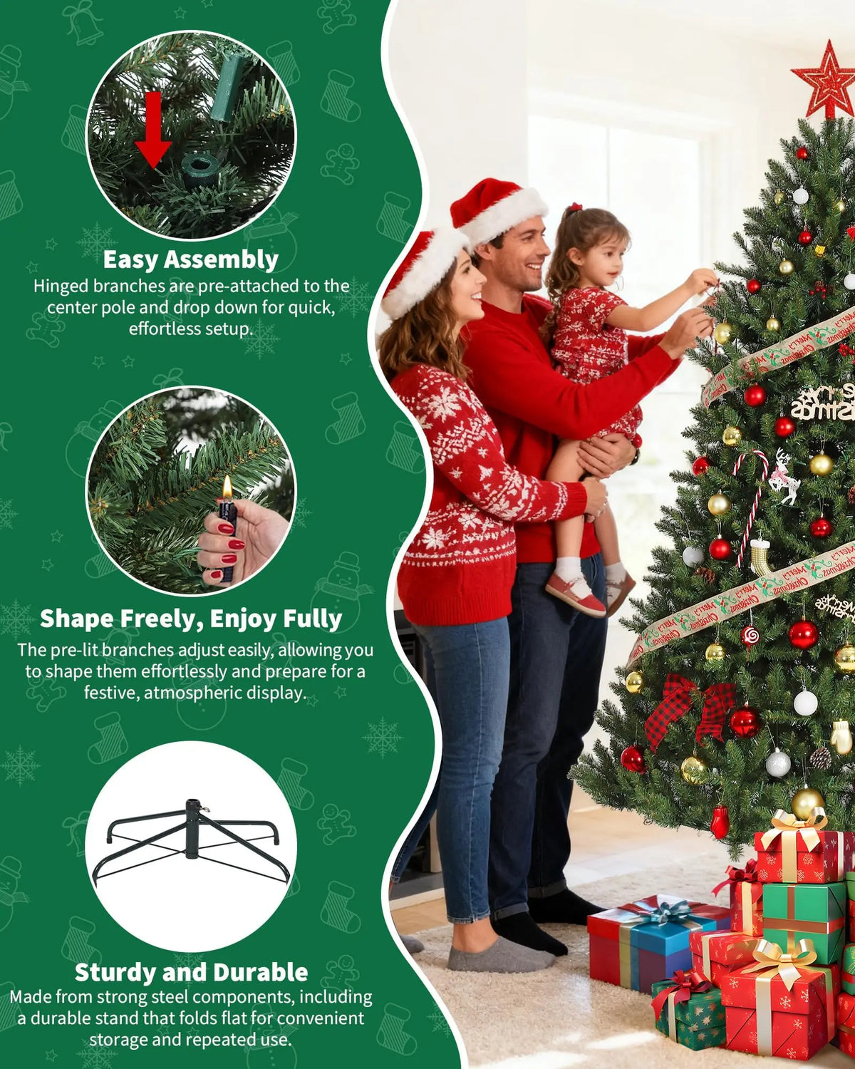 Green artificial Christmas tree with lights and metal stand, decorated with ornaments