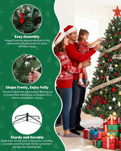 Green artificial Christmas tree with lights and metal stand, decorated with ornaments