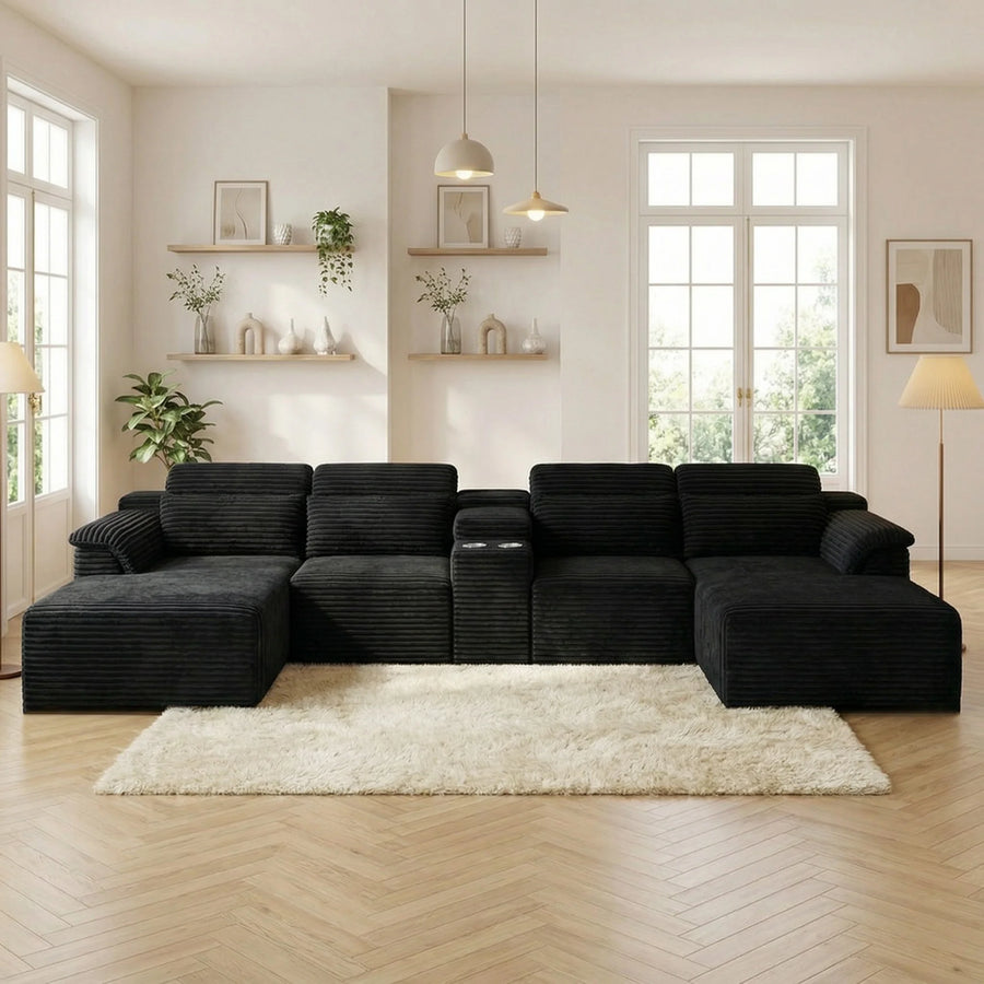 Black corduroy modular U-shape sectional sofa with two center cup holders and chaise