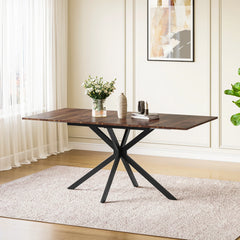 Rectangular extendable dining table with brown wood-grain top and black X legs.