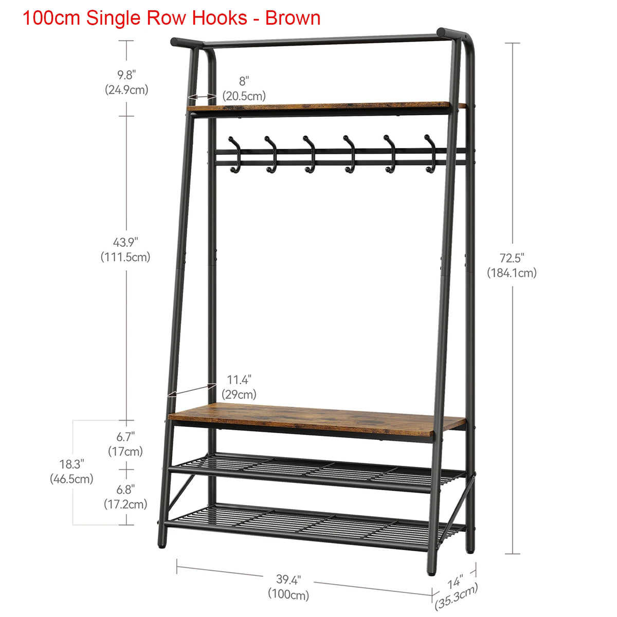 Coat rack shoe bench size diagram with single-row hooks, brown frame, shoe shelves