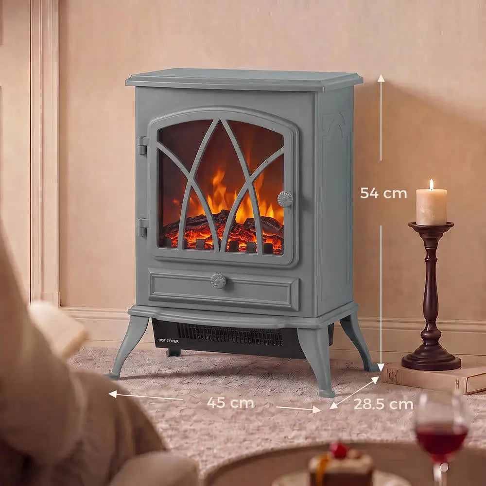 Grey electric fireplace heater with arched glass window and flame effect, freestanding