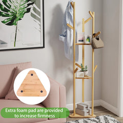 Natural wood coat rack with multiple hooks, two shelves, includes stability padding