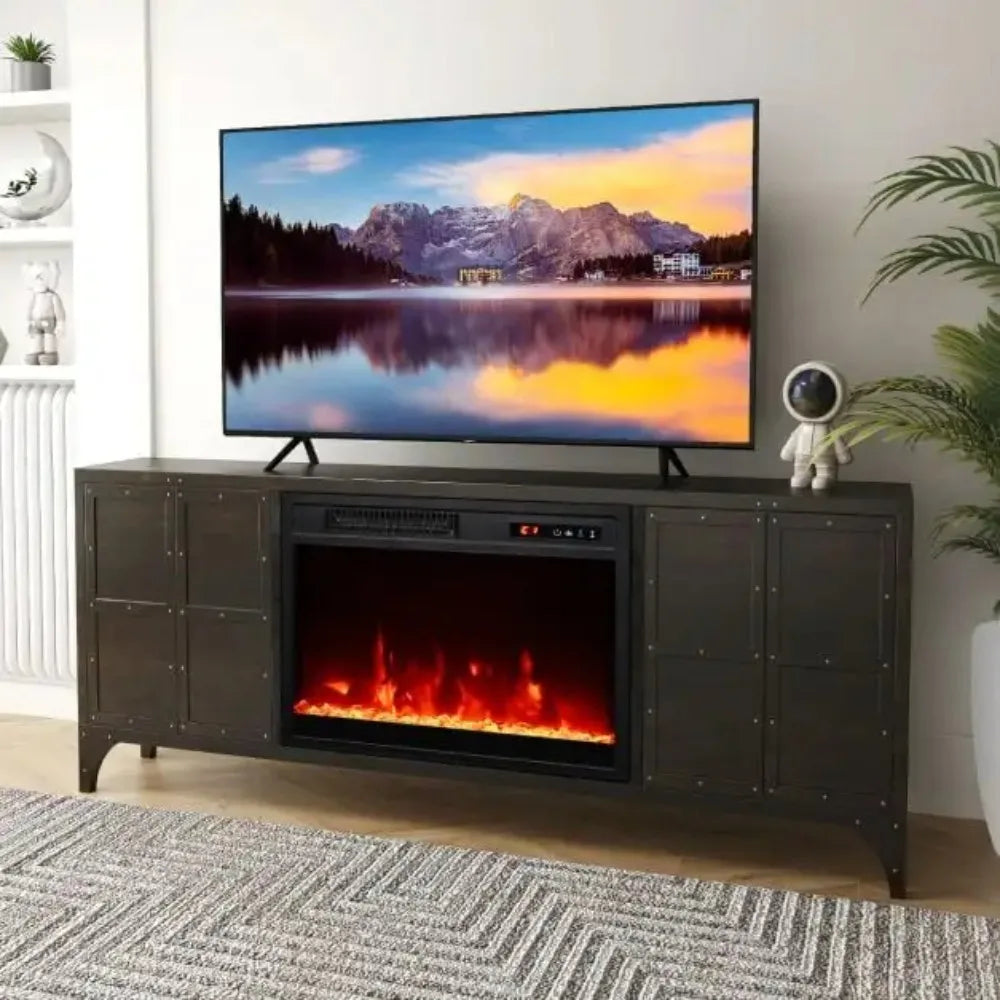 Electric fireplace insert in gray media console with red flame display under TV