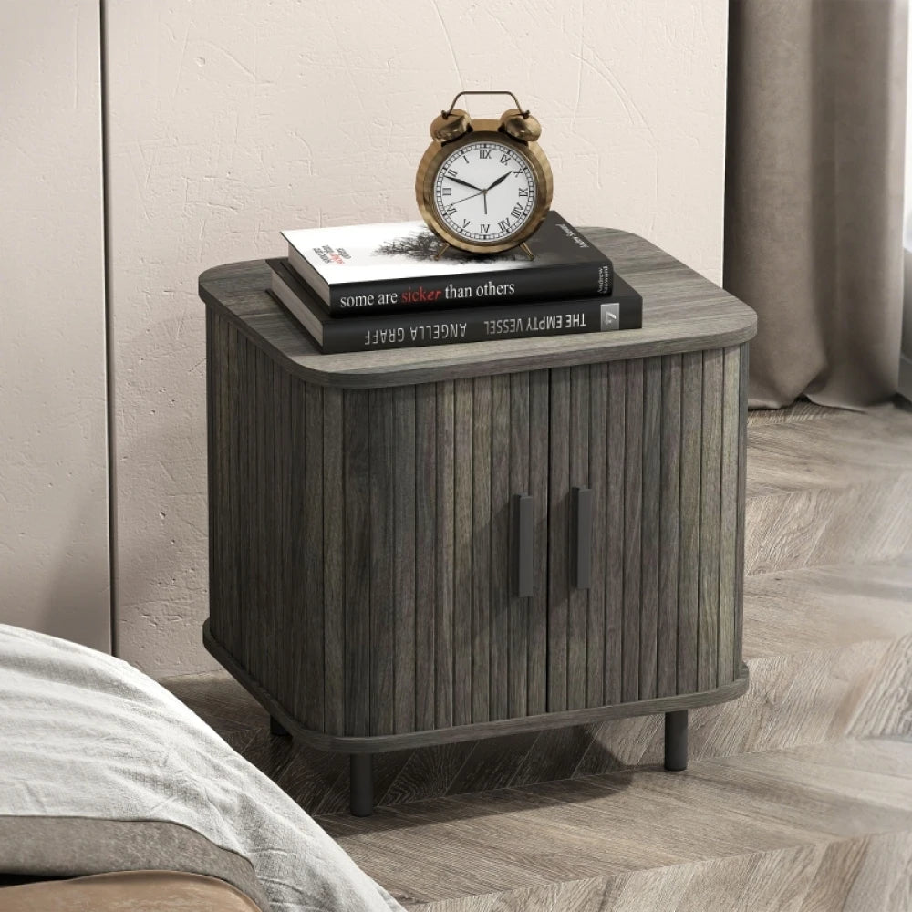Grey bedside table with roller shutter sliding door and sturdy metal legs