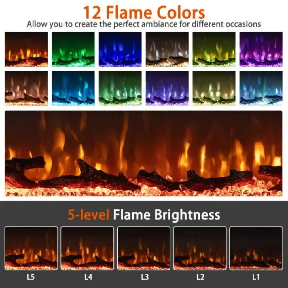 Electric fireplace flame color chart with 5-level flame brightness settings