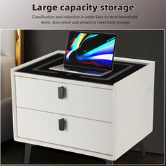 Cream white bedside table with two drawers and wireless charging glass top