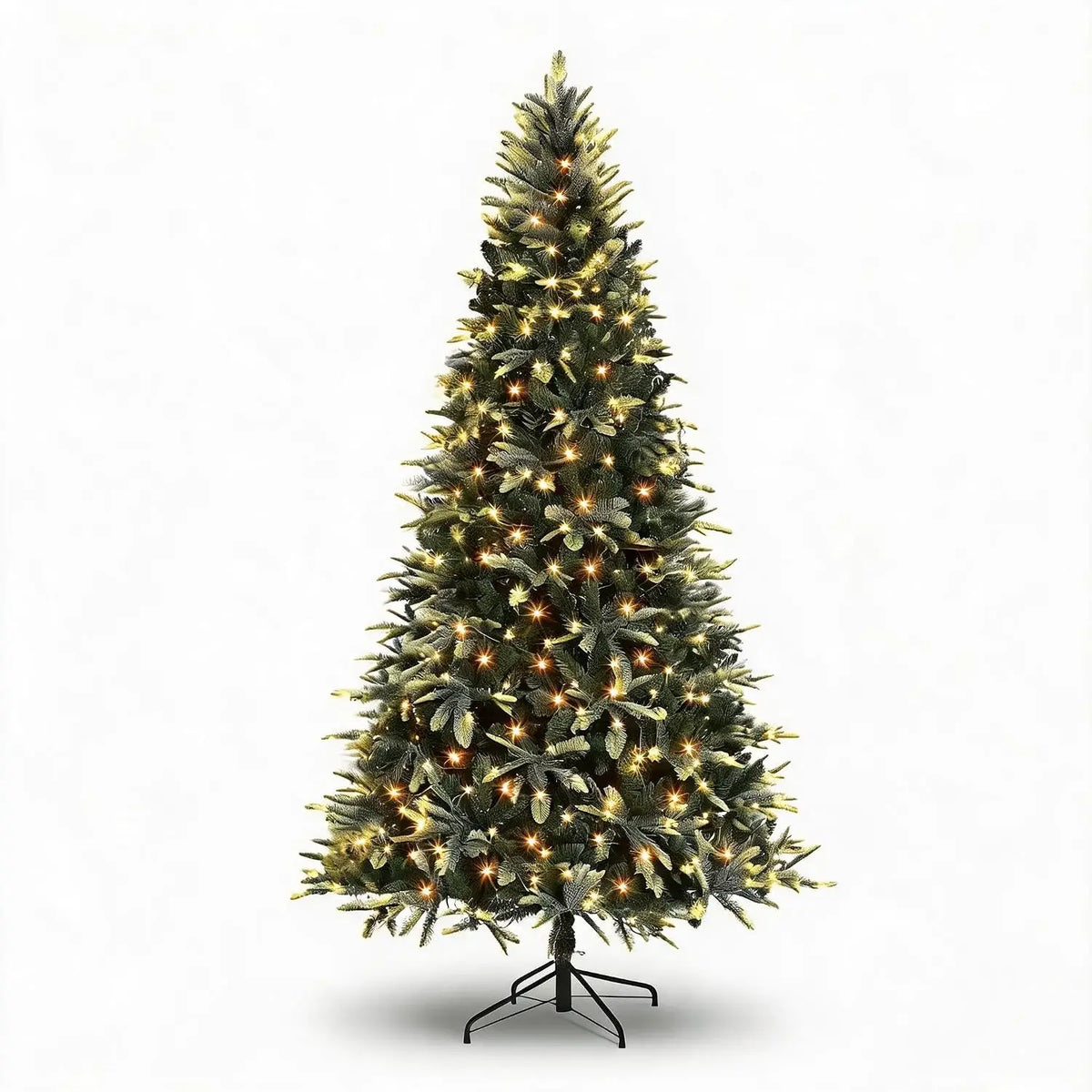 Prelit pencil Christmas tree with warm white lights, red and gold ornaments, metal stand