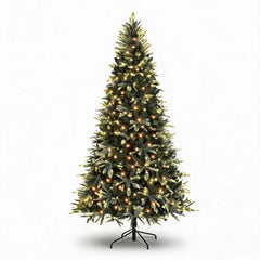Prelit pencil Christmas tree with warm white lights, red and gold ornaments, metal stand