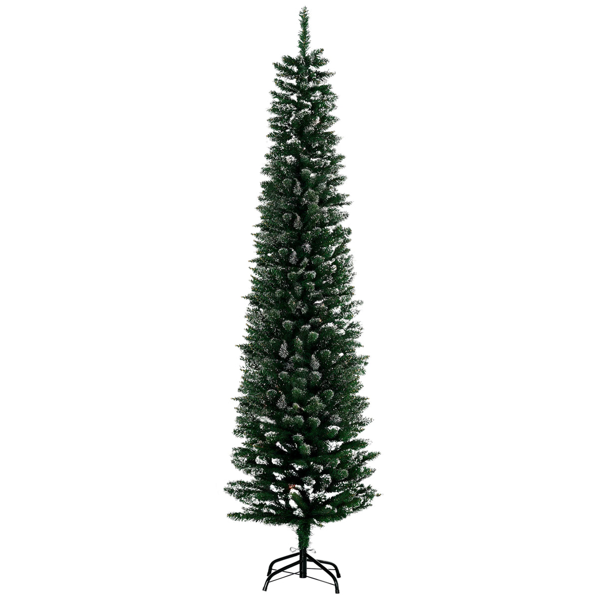 Artificial snow-dipped Christmas pencil tree, green with white flocked tips on base