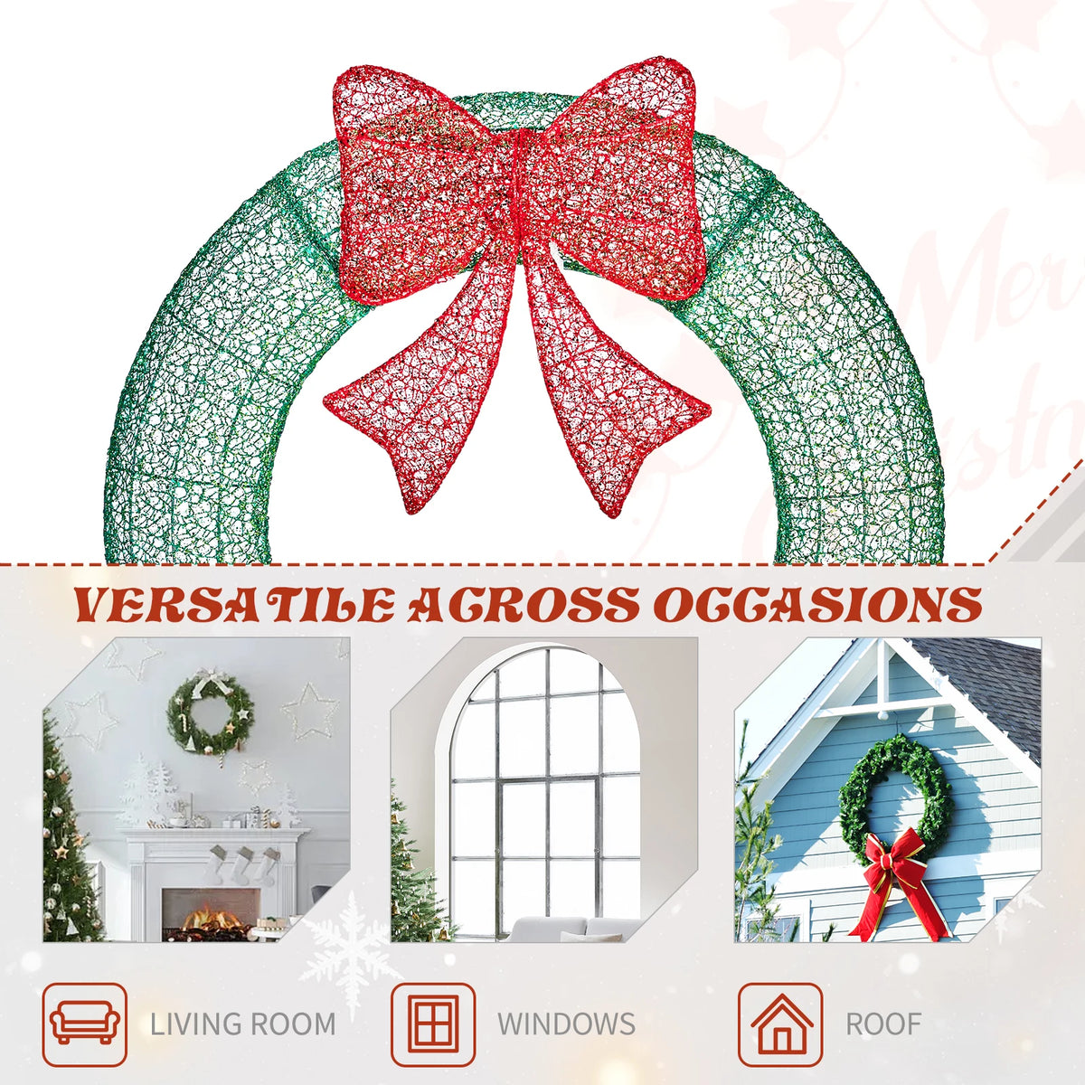 Green lighted metal wreath with red bow, decorative indoor use