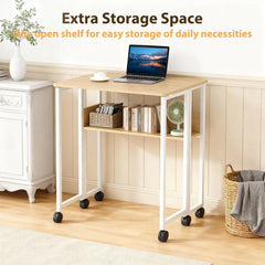Folding computer desk with wheels and open shelving, light wood top, white frame