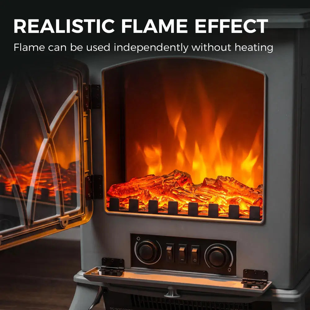 Grey electric fireplace heater with open front showing flame bed and built-in control panel