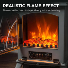 Grey electric fireplace heater with open front showing flame bed and built-in control panel
