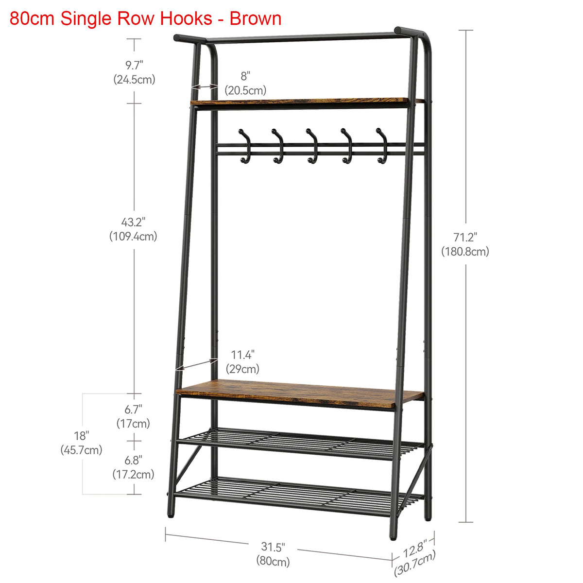 Coat rack shoe bench size diagram with single-row hooks, brown frame, shoe shelves