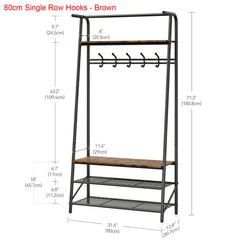 Coat rack shoe bench size diagram with single-row hooks, brown frame, shoe shelves