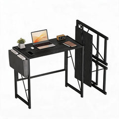 Black folding K-shape table with ironwood-style top and adjustable leg pads