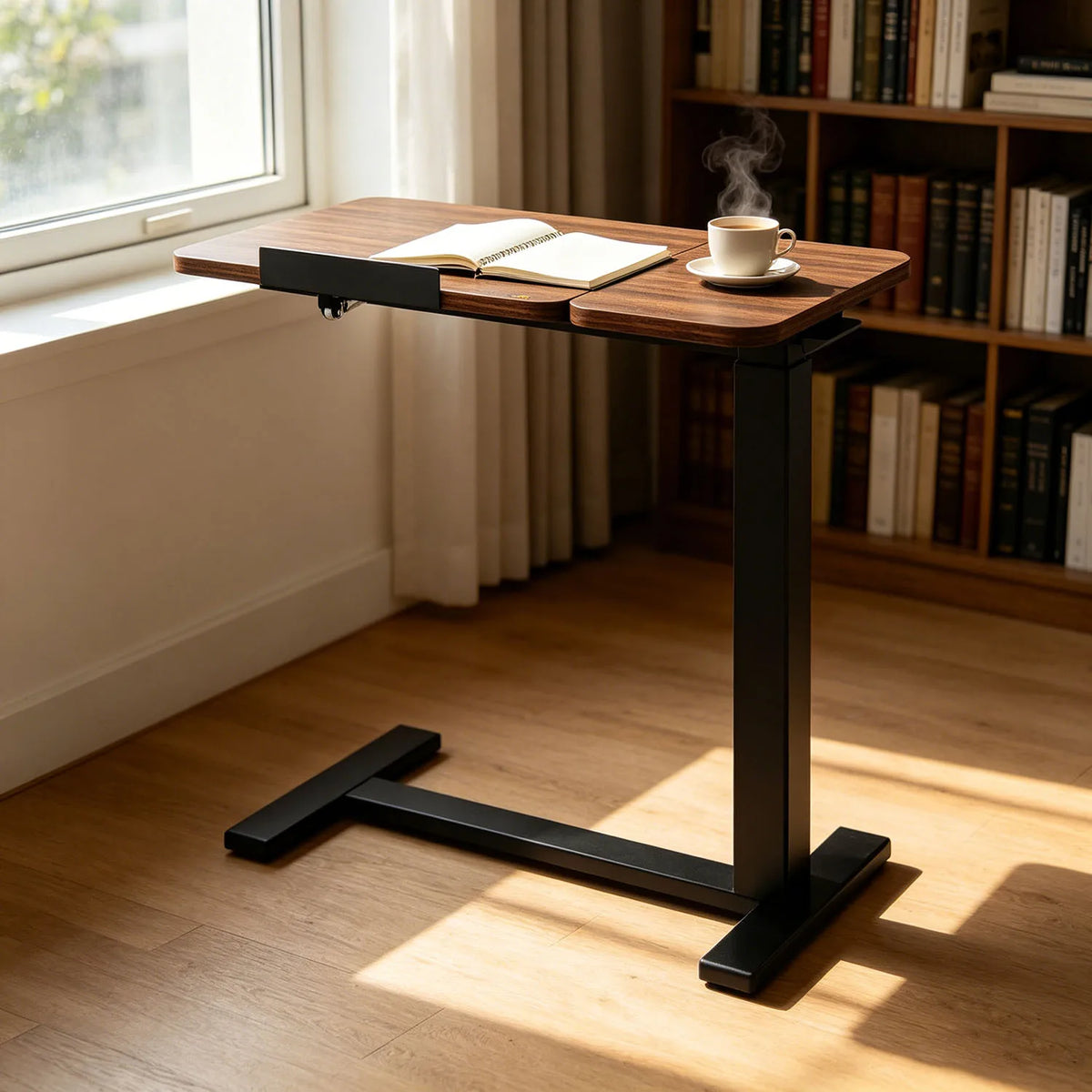 Mobile tilting laptop desk with raised desktop and black cross-base legs