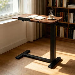 Mobile tilting laptop desk with raised desktop and black cross-base legs