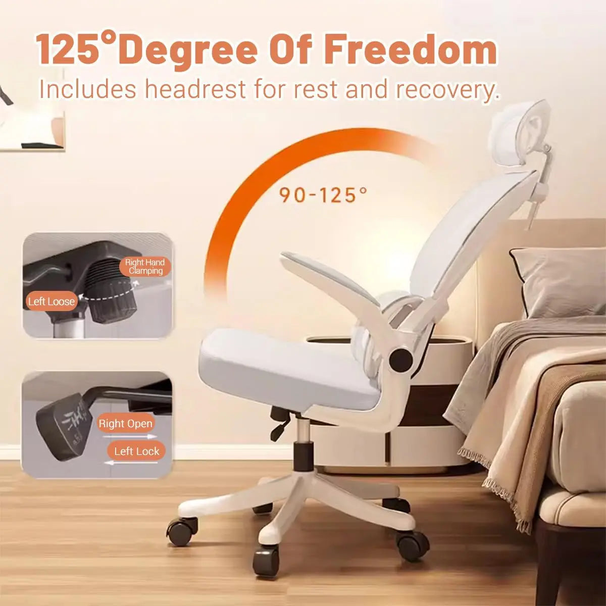 White ergonomic office chair with headrest, adjustable backrest, and rolling base
