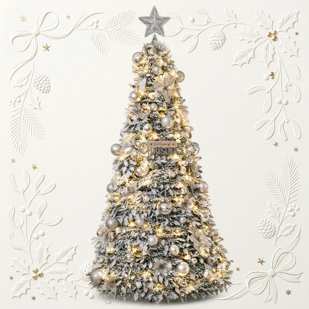 Pre-lit pop-up Christmas tree with silver baubles, warm white LED lights, star topper