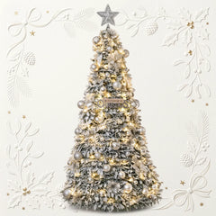 Pre-lit pop-up Christmas tree with silver baubles, warm white LED lights, star topper