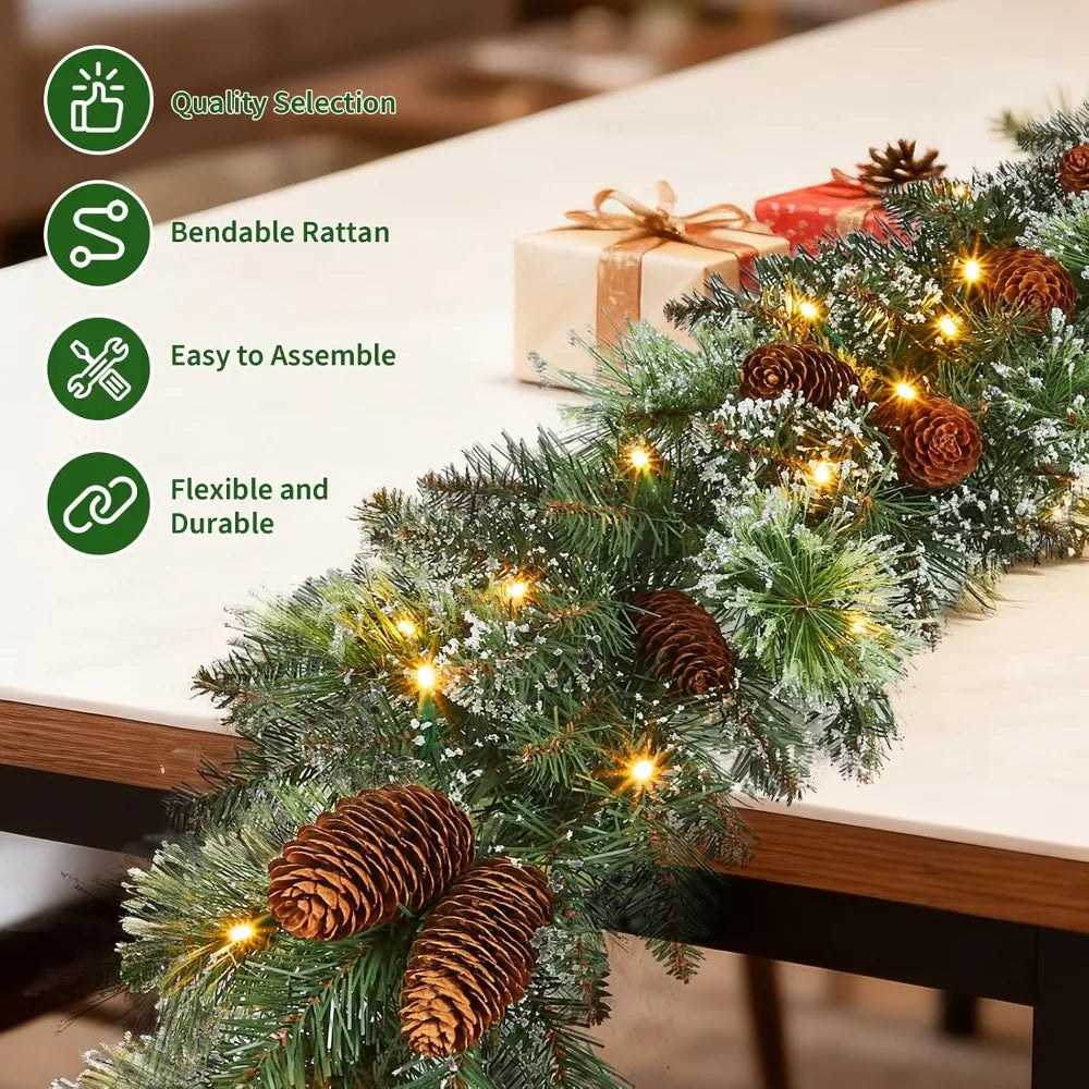 Tabletop Christmas wreath with green foliage, pinecones, and warm white bulbs