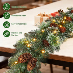 Tabletop Christmas wreath with green foliage, pinecones, and warm white bulbs