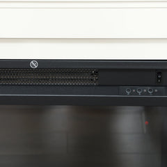 Electric fireplace control panel and vent grille beneath the black firebox screen