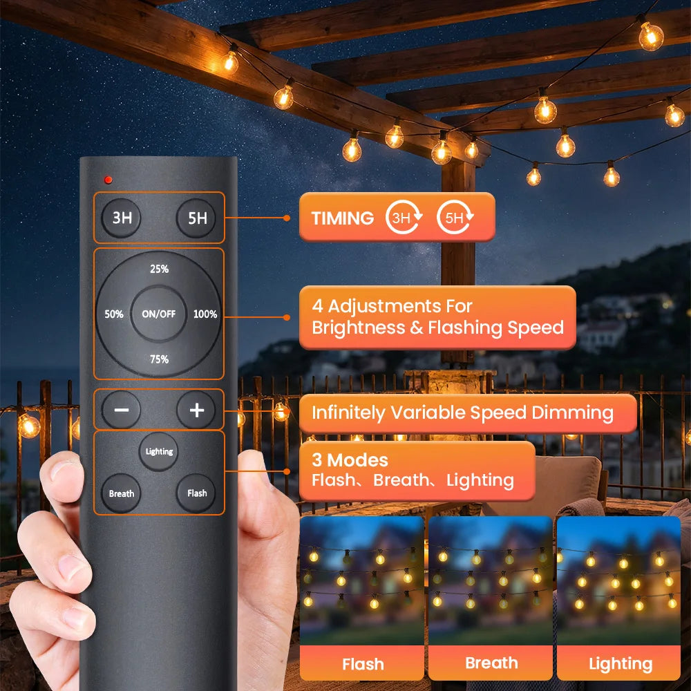 Remote control for dimmable outdoor globe string lights with 3 brightness modes