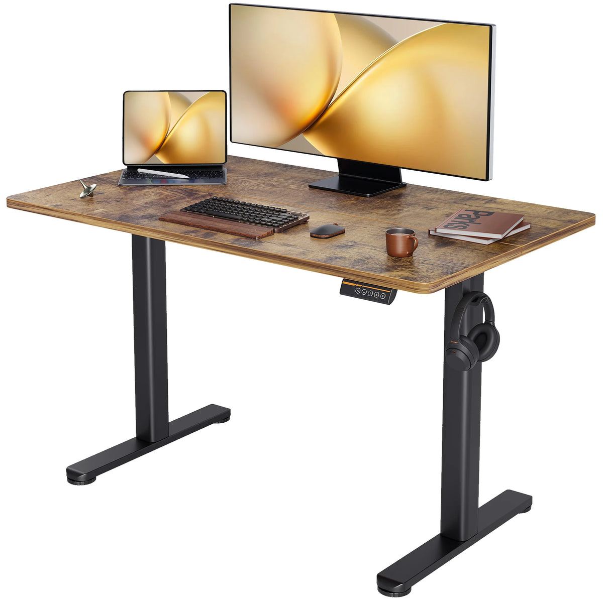 Height adjustable standing desk with brown desktop and black electric legs