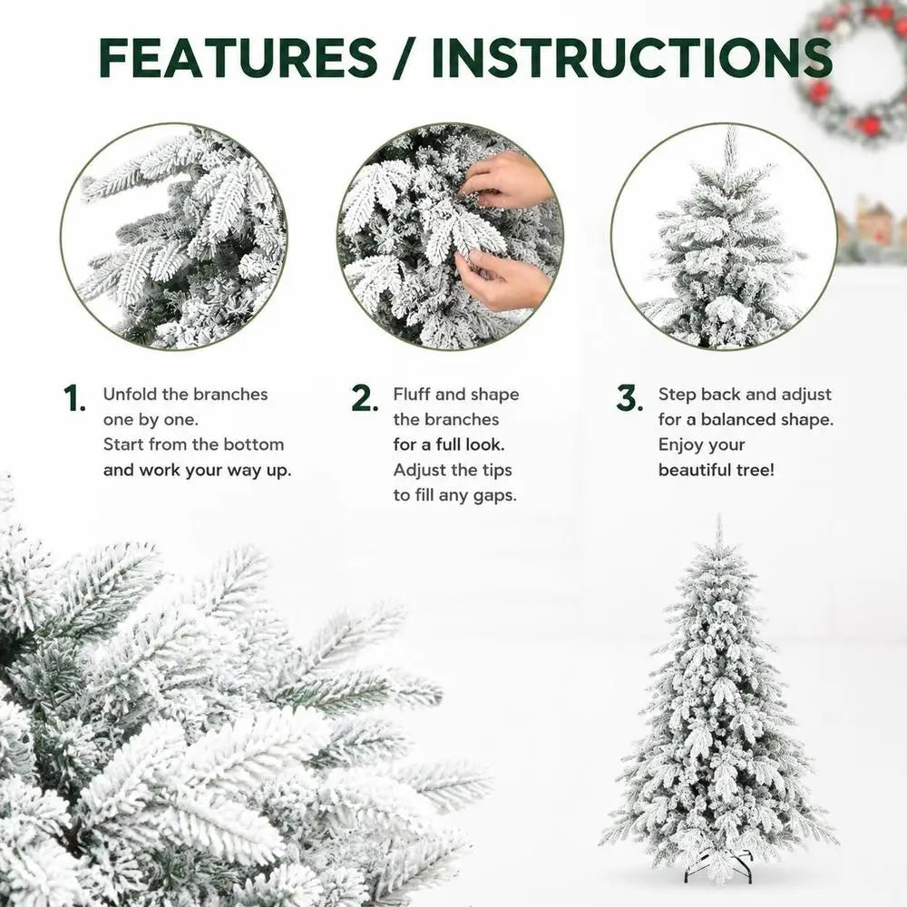 Flocked artificial Christmas tree close-up showing fluffy snow-dusted branch tips
