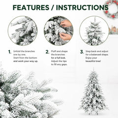 Flocked artificial Christmas tree close-up showing fluffy snow-dusted branch tips