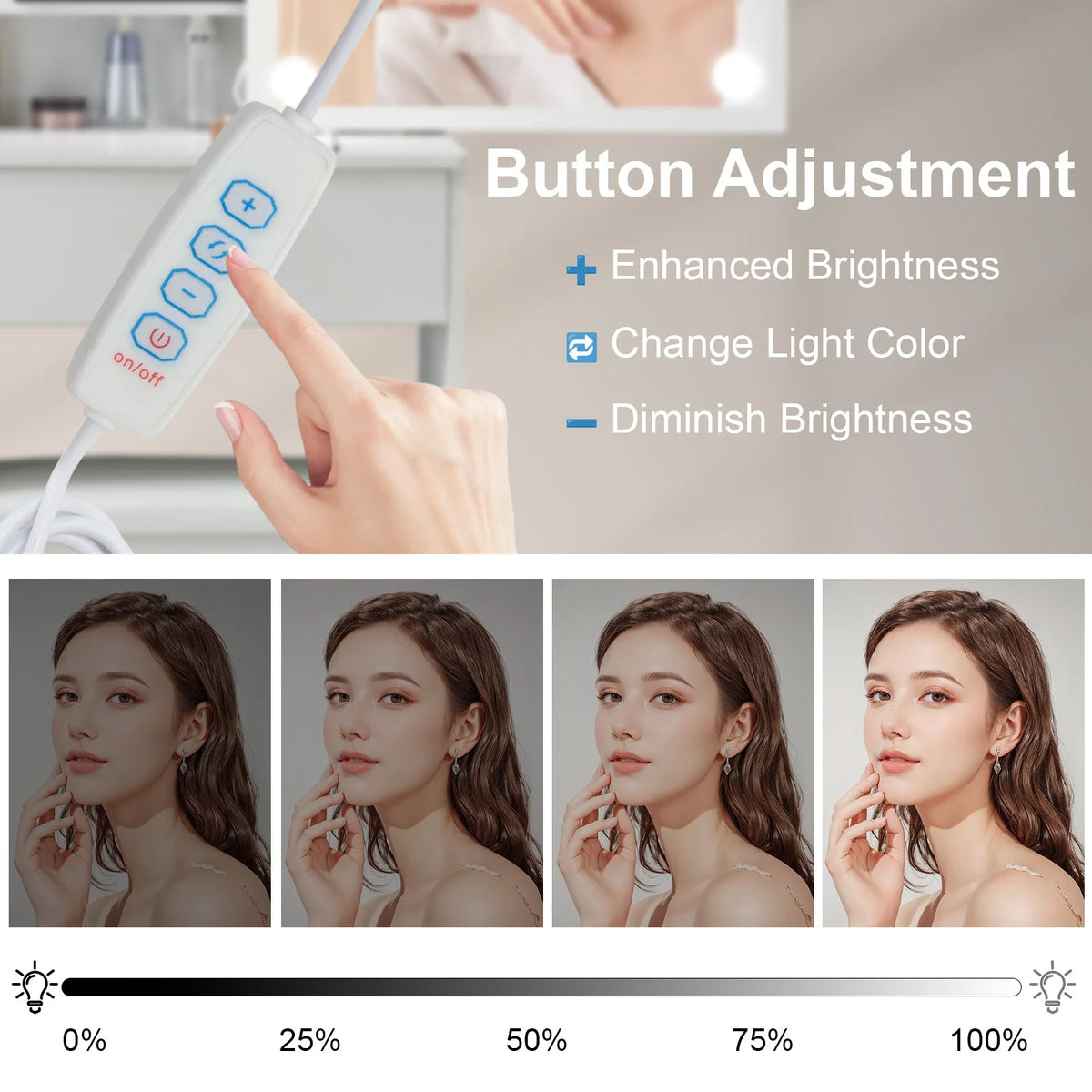 LED light control with button panel for adjusting brightness and light color