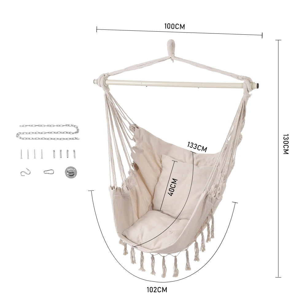 White hanging swing chair dimensions with canvas hammock and fringe tassels.