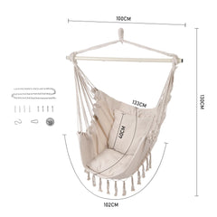 White hanging swing chair dimensions with canvas hammock and fringe tassels.