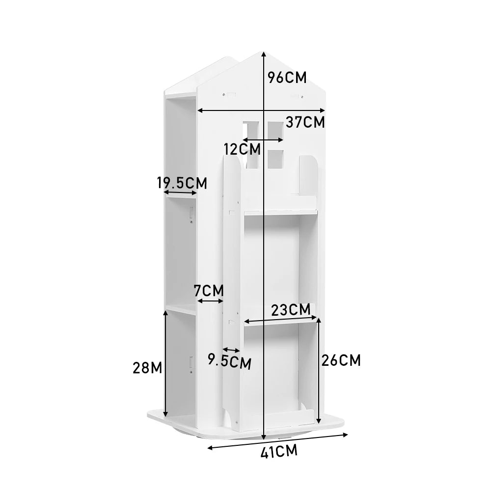 Breeins kids' rotating house-frame bookshelf size diagram, white cabinet