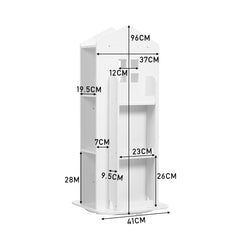 Breeins kids' rotating house-frame bookshelf size diagram, white cabinet