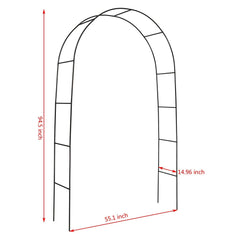 Black metal garden arch trellis with height and width measurements diagram