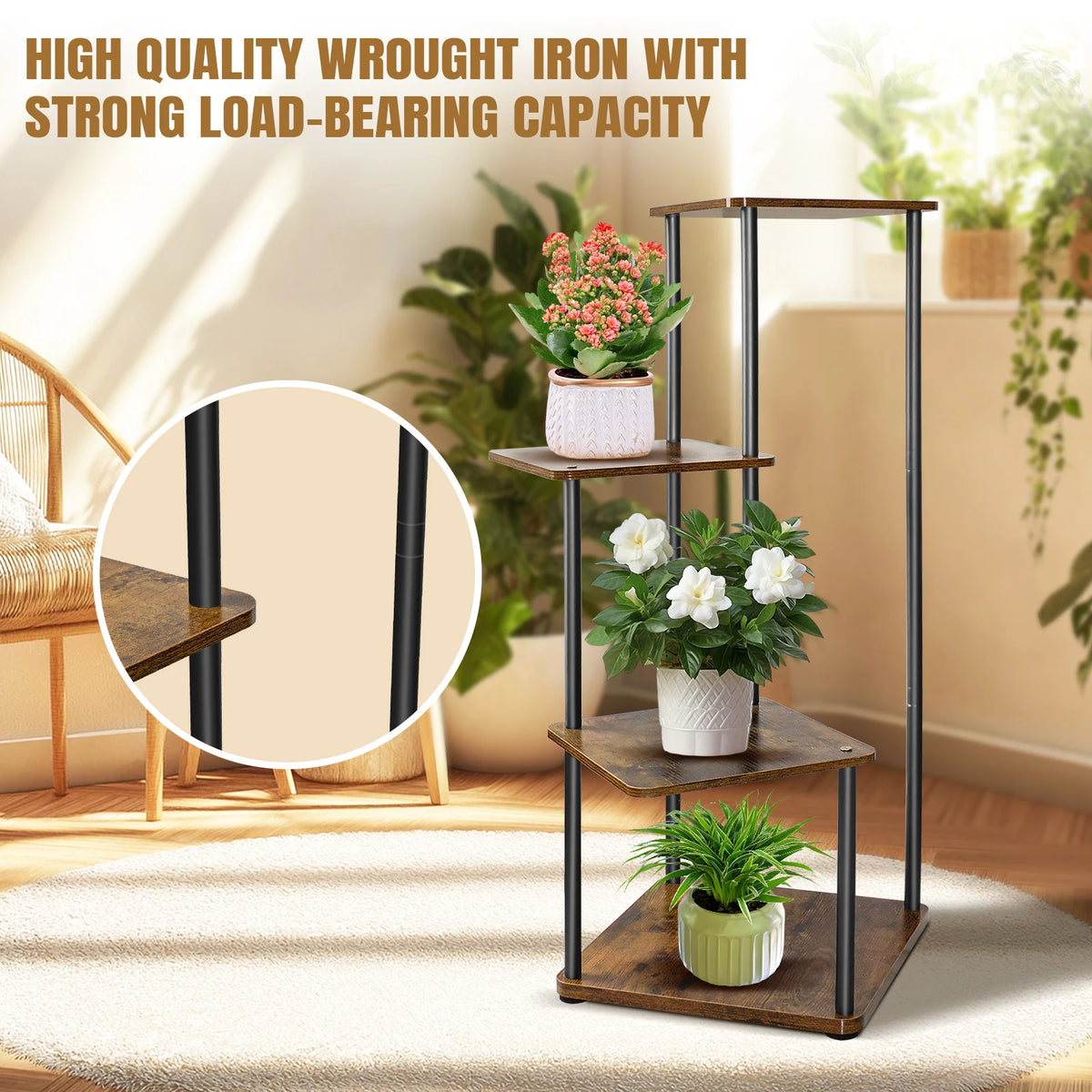 Metal plant stand with three wooden shelves and black frame, holding potted flowers