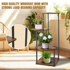 Metal plant stand with three wooden shelves and black frame, holding potted flowers