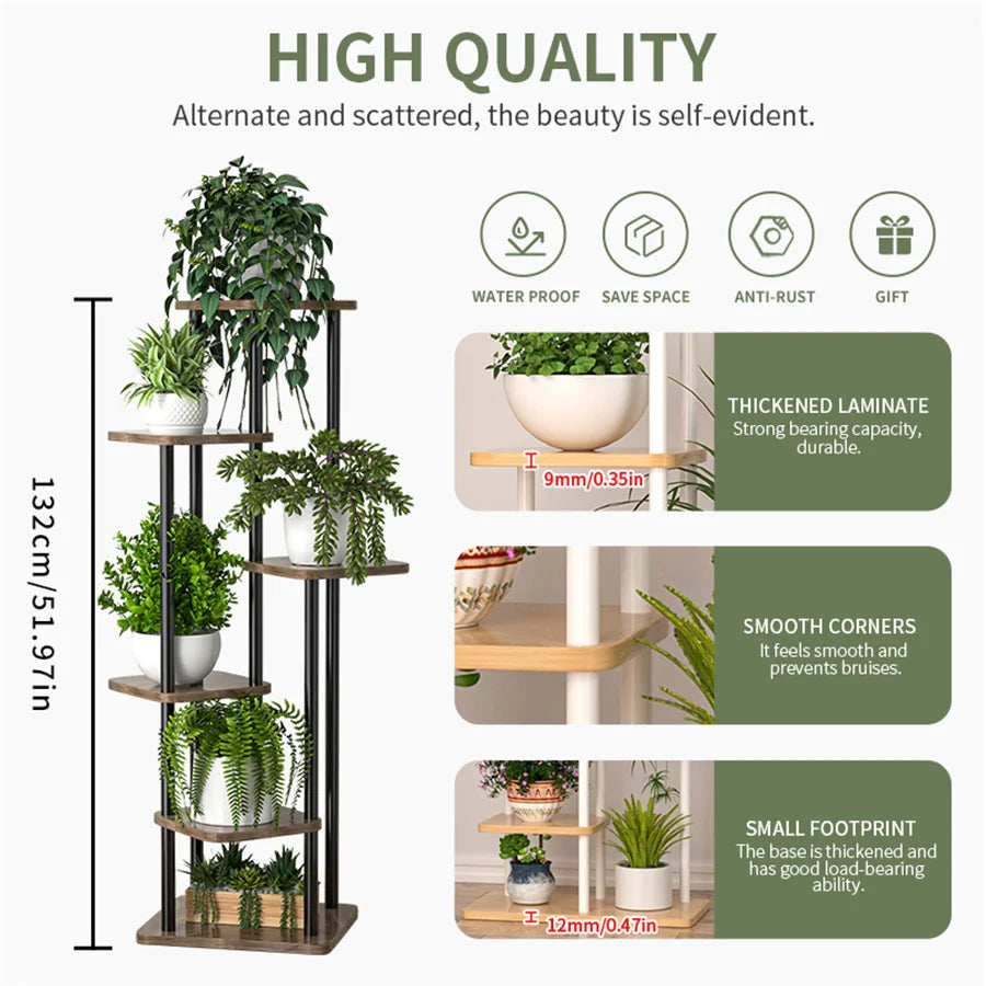 Multi-tier plant stand with thick laminate shelves and reinforced corners