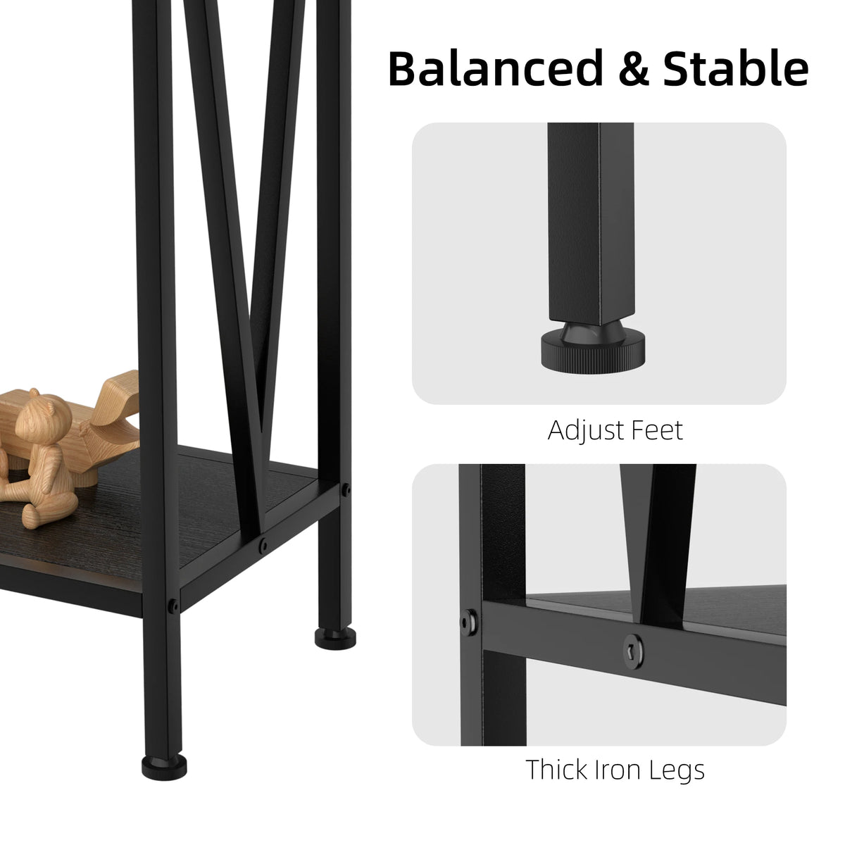 2-tier console table with black metal legs, adjustable feet, and stable V-frame design.