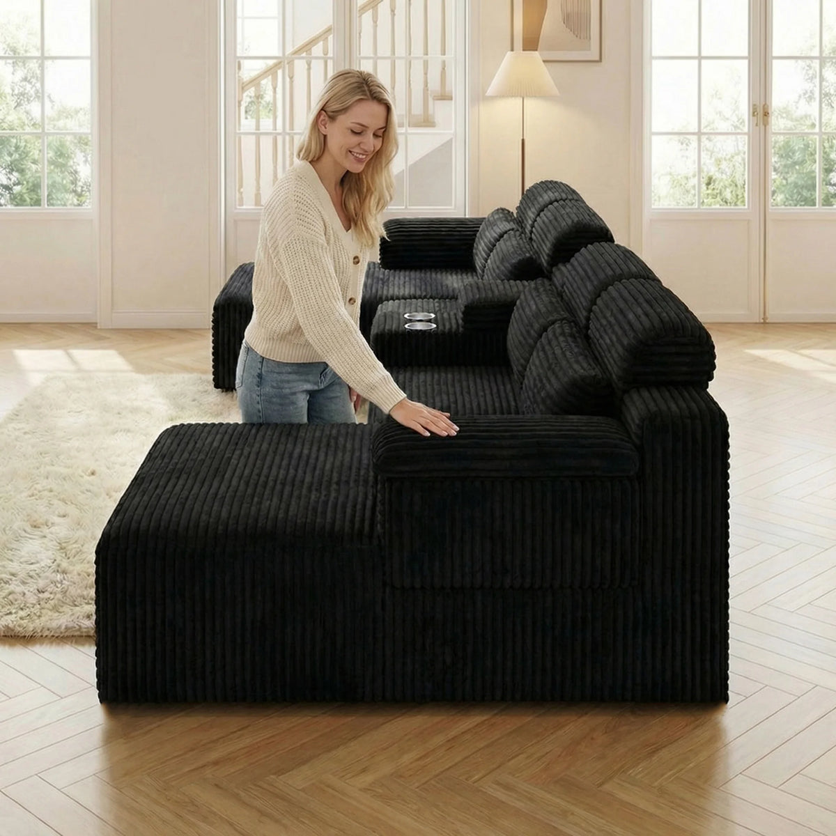 Black corduroy modular corner sectional sofa with thick arms and seat cushions