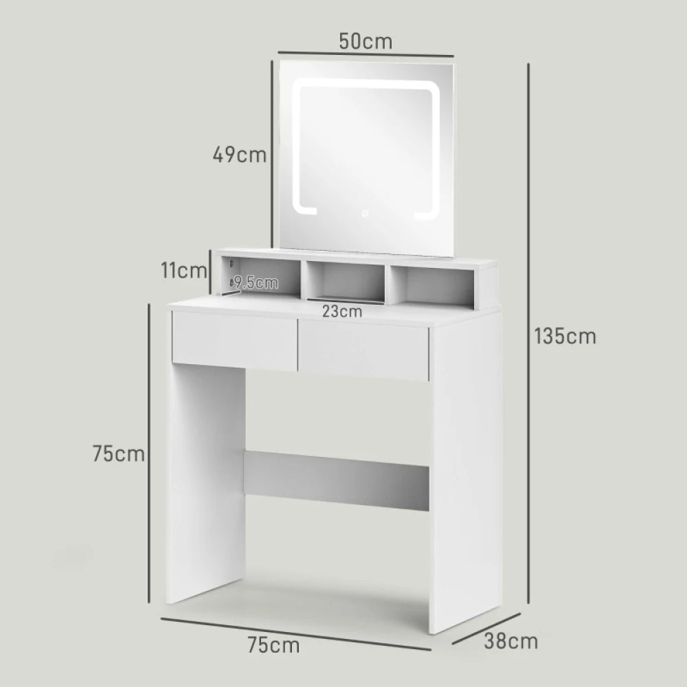 White vanity desk with illuminated mirror and open shelving with drawers