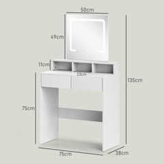 White vanity desk with illuminated mirror and open shelving with drawers