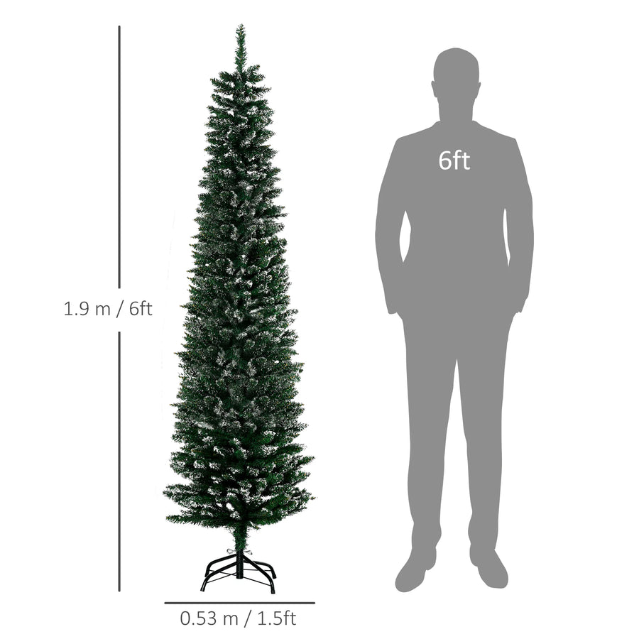 6ft artificial snow-dipped pencil Christmas tree with size dimensions and stand