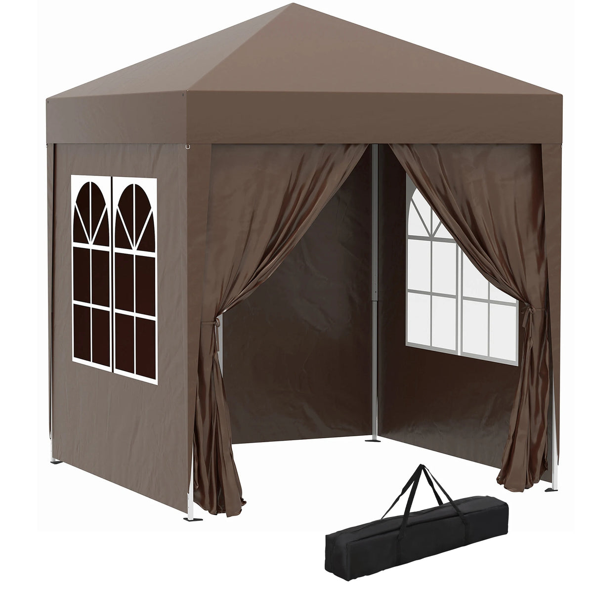 Brown pop-up garden gazebo tent with window panels, curtain drapes, and carry bag