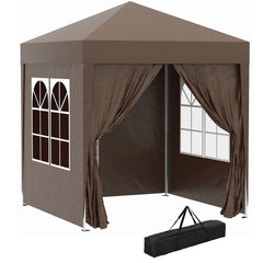 Brown pop-up garden gazebo tent with window panels, curtain drapes, and carry bag